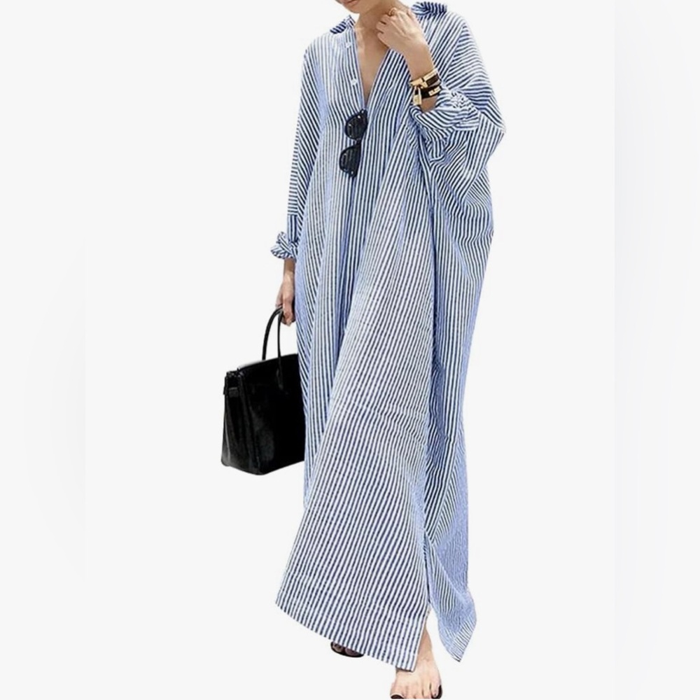 NEW Price for 1 Striped blue or tan Maxi Shirt Dress w pockets
